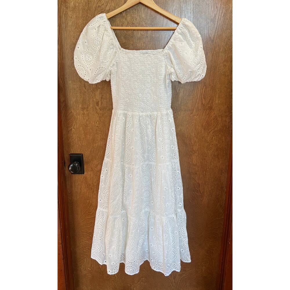 HYFVE White Smocked Puffy Sleeve Midi Dress